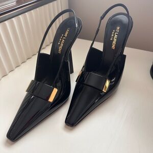 Saint Laurent Black and Gold Slingback Heels